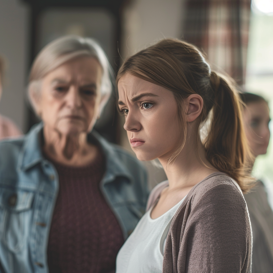 An angry young woman in the foreground with her mother and sister standing in the background | Source: Midjourney