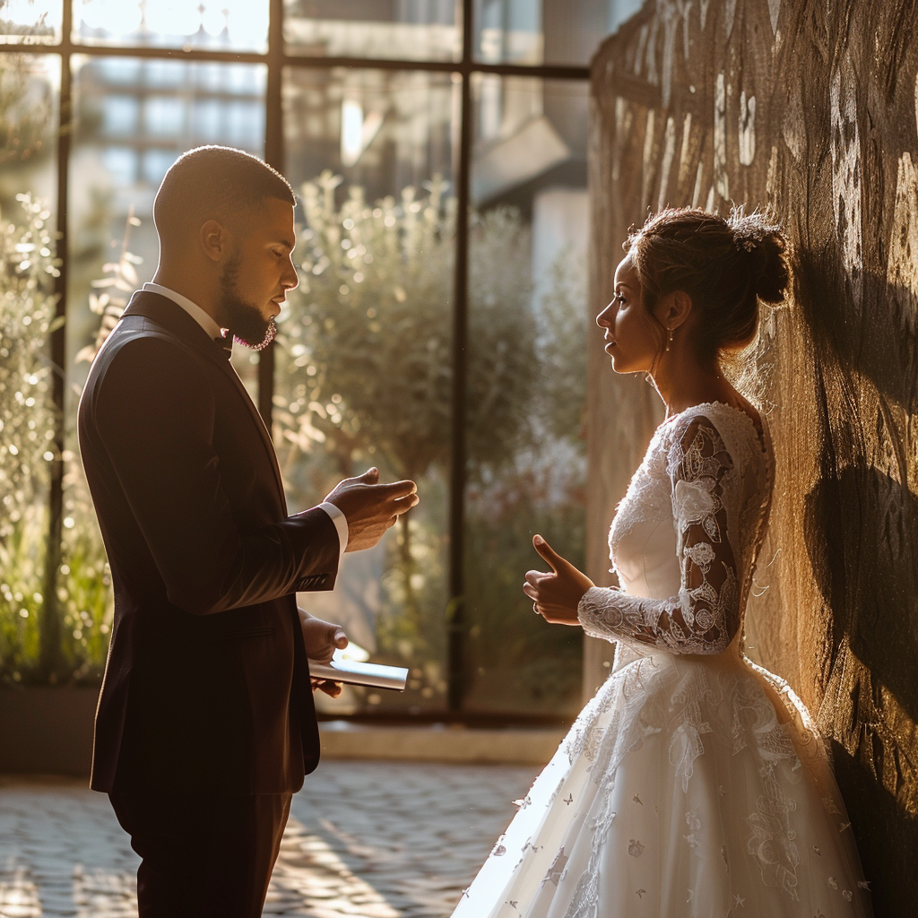 A bridal couple talking outside | Source: Midjourney