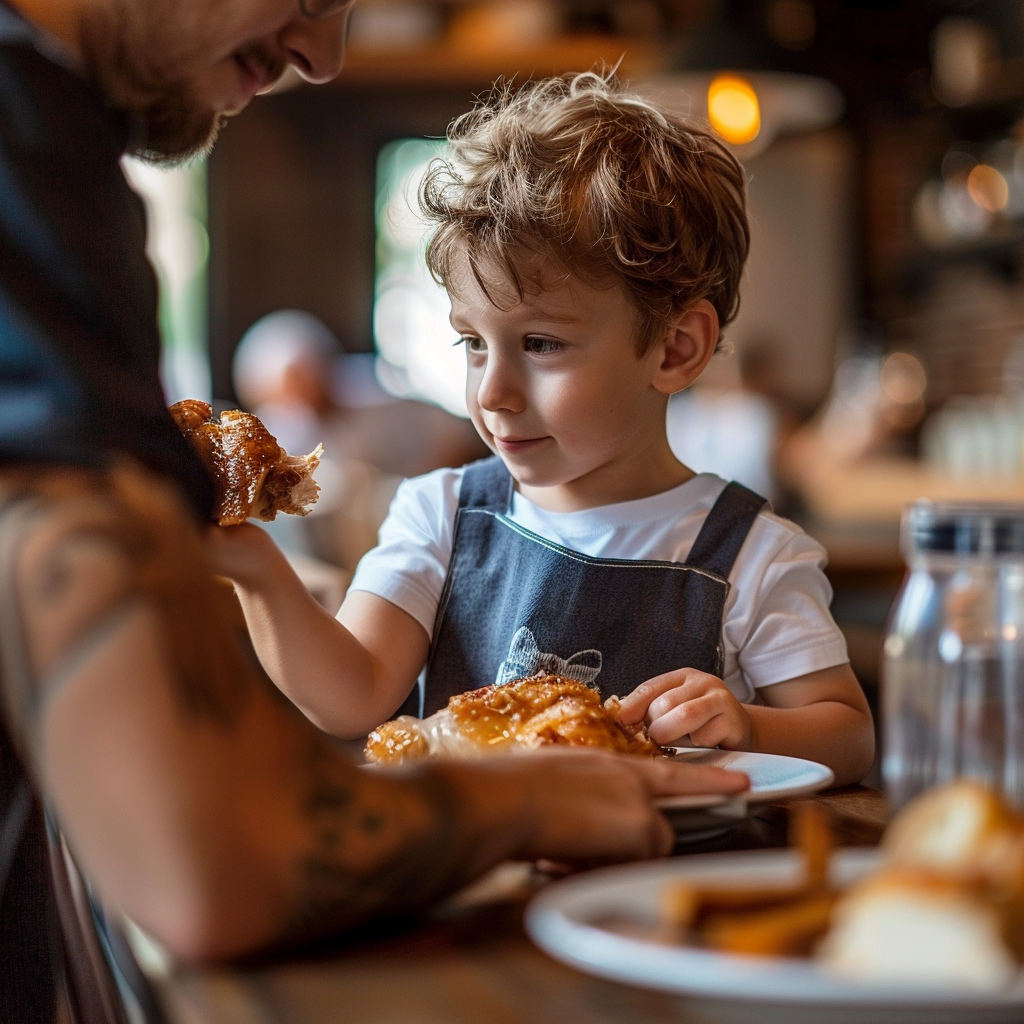 Boy taking chicken from a man's plate | Source: Midjourney