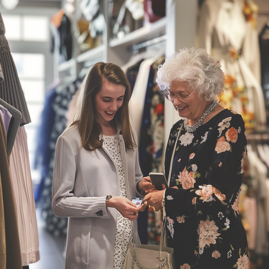 An elderly woman standing with her granddaughter in a boutique | Source: Midjourney