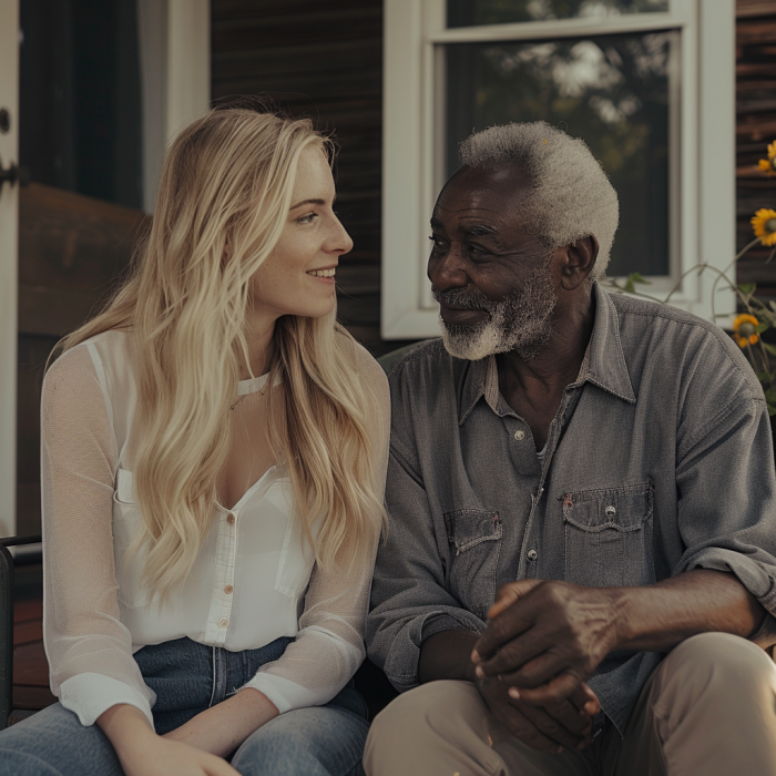 A woman sitting with her stepdad on the porch | Source: Midjourney