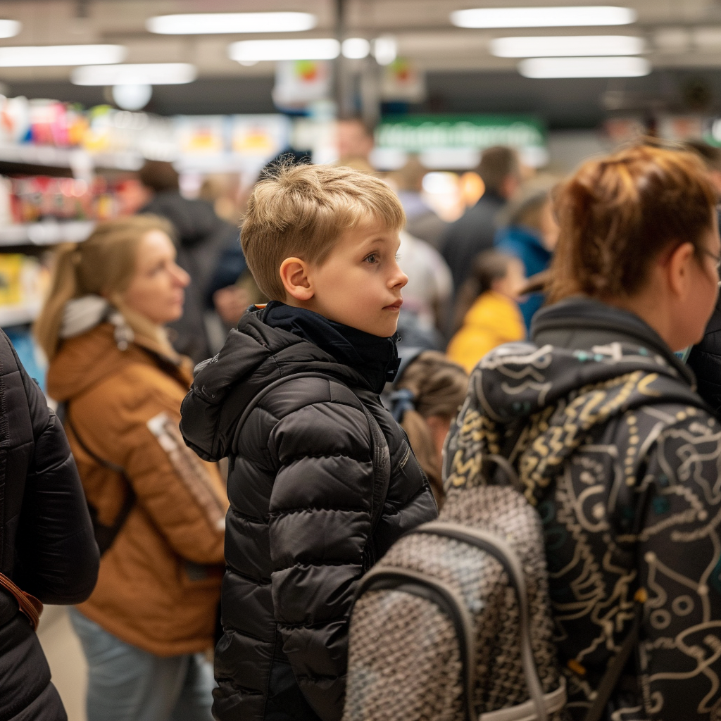 William and his mom standing in a supermarket queue | Source: Midjourney