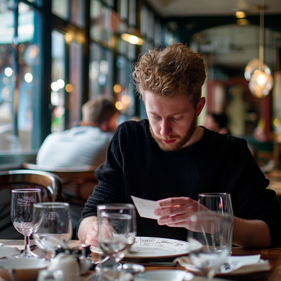 A man trying to stay composed while reading a small note in a restaurant | Source: Midjourney