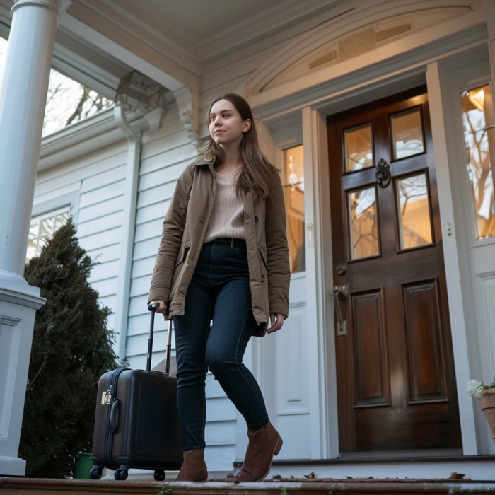 A woman leaving her house with a suitcase in hand | Source: Midjourney