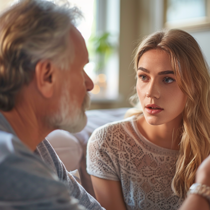 A woman talking to her father in their living room | Source: Midjourney