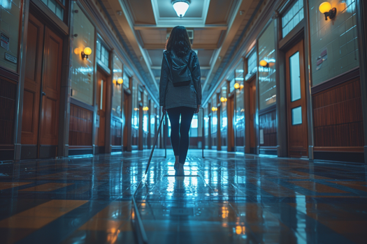 A girl standing in a school hallway | Source: Midjourney