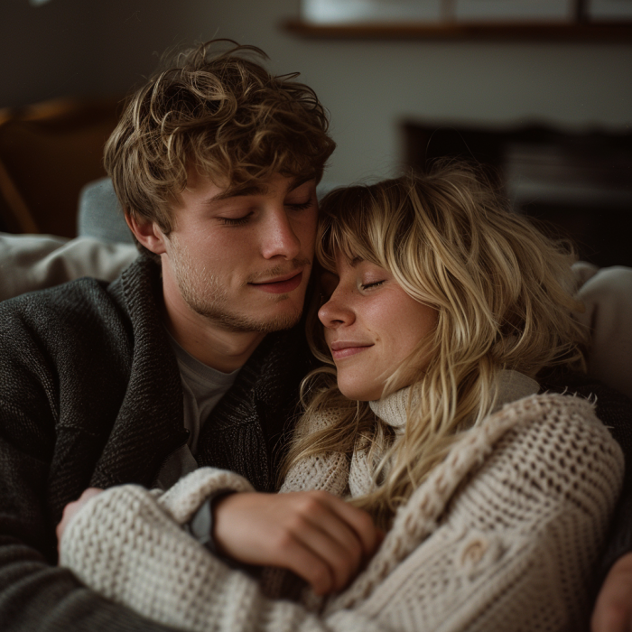 A couple cuddling while sitting on a couch | Source: Midjourney