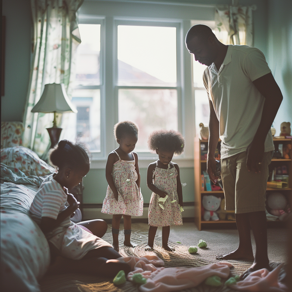 A father asking his children why there's Play-Doh on the carpet | Source: Midjourney