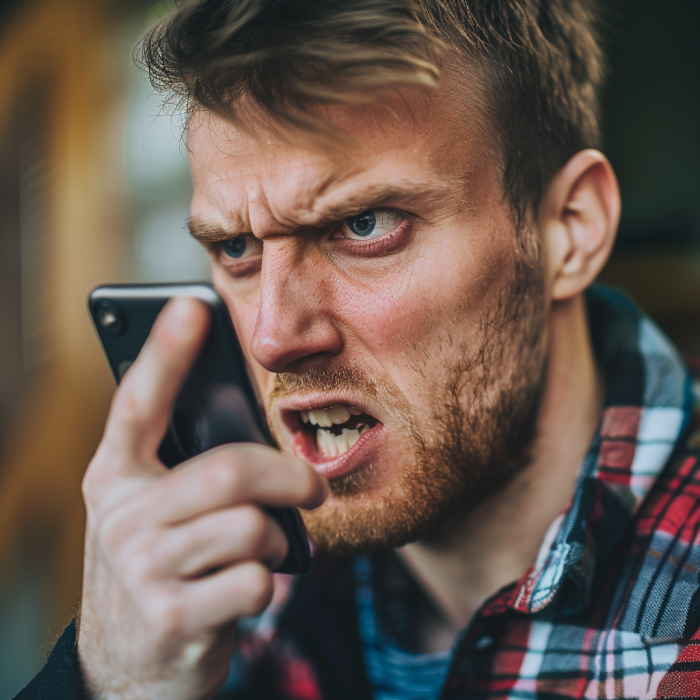 An angry man screaming while holding his mobile phone | Source: Midjourney